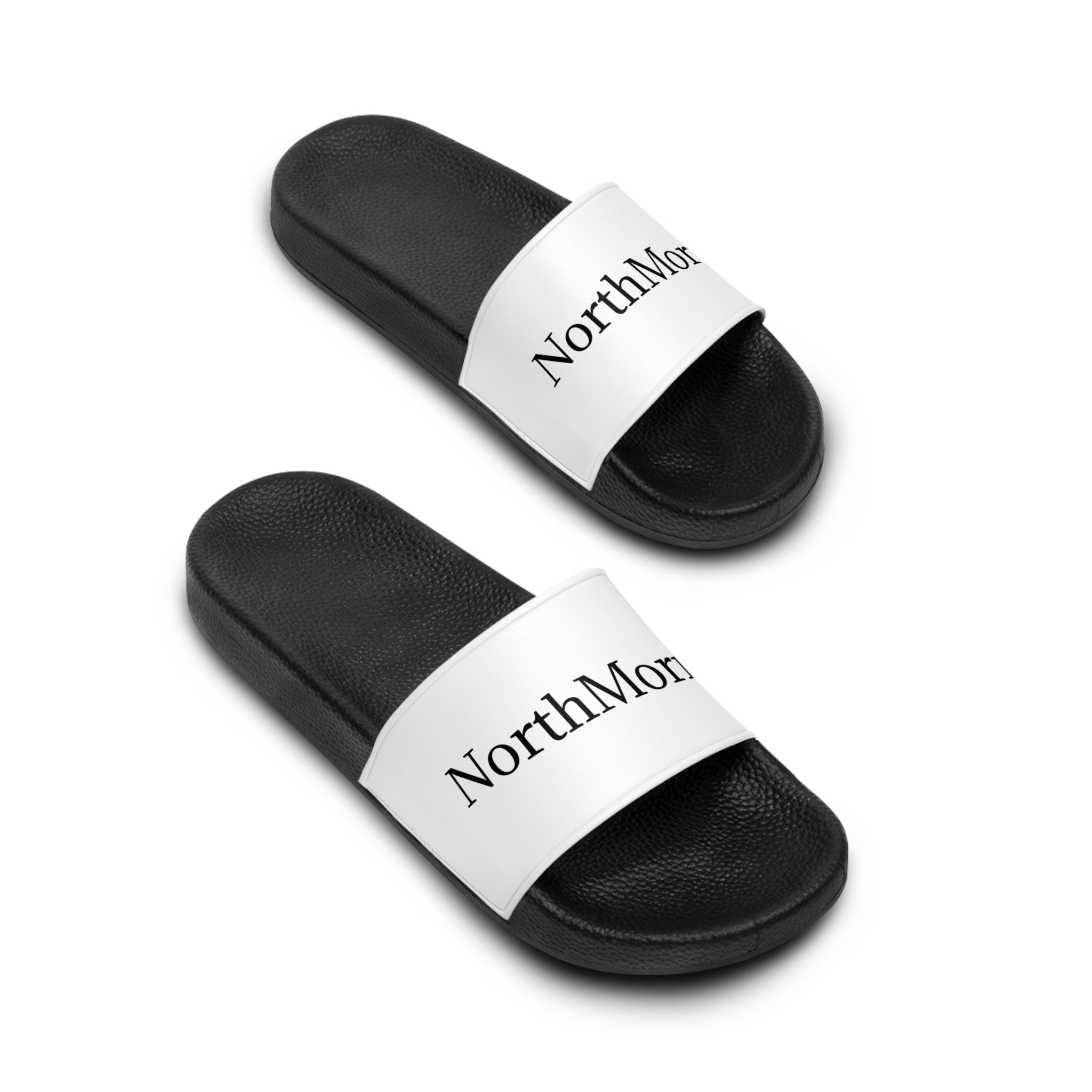 Black slides with white straps featuring text Northmorrow 