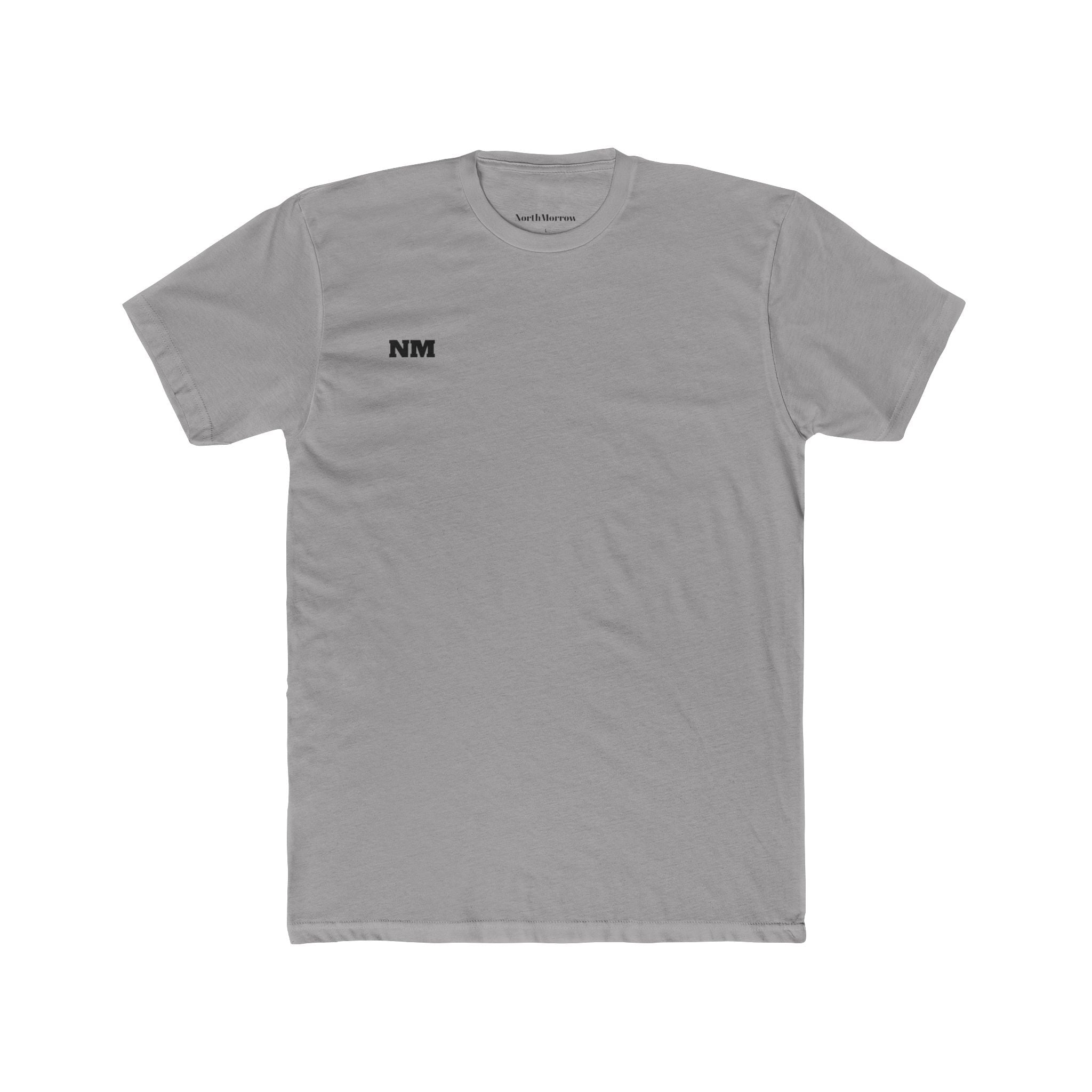 Gray t-shirt with a small logo on a white background