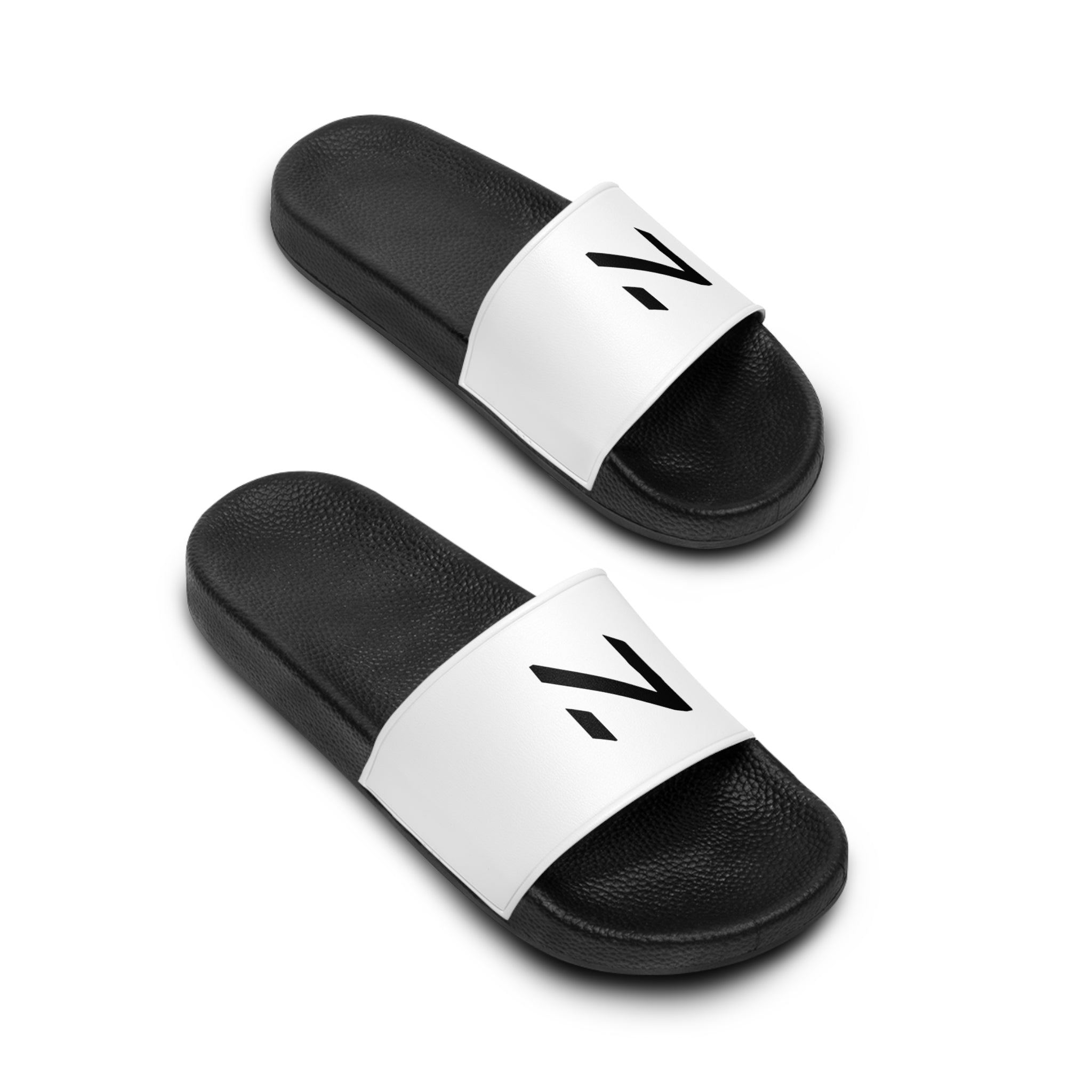 Black and white slide sandal with a logo