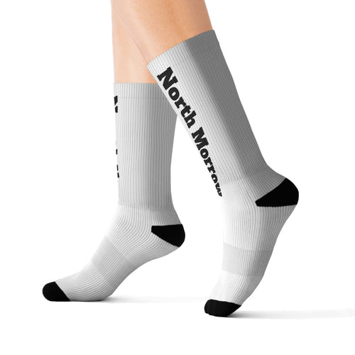 side view Gray socks with black accents  white nm and NorthMorrow text