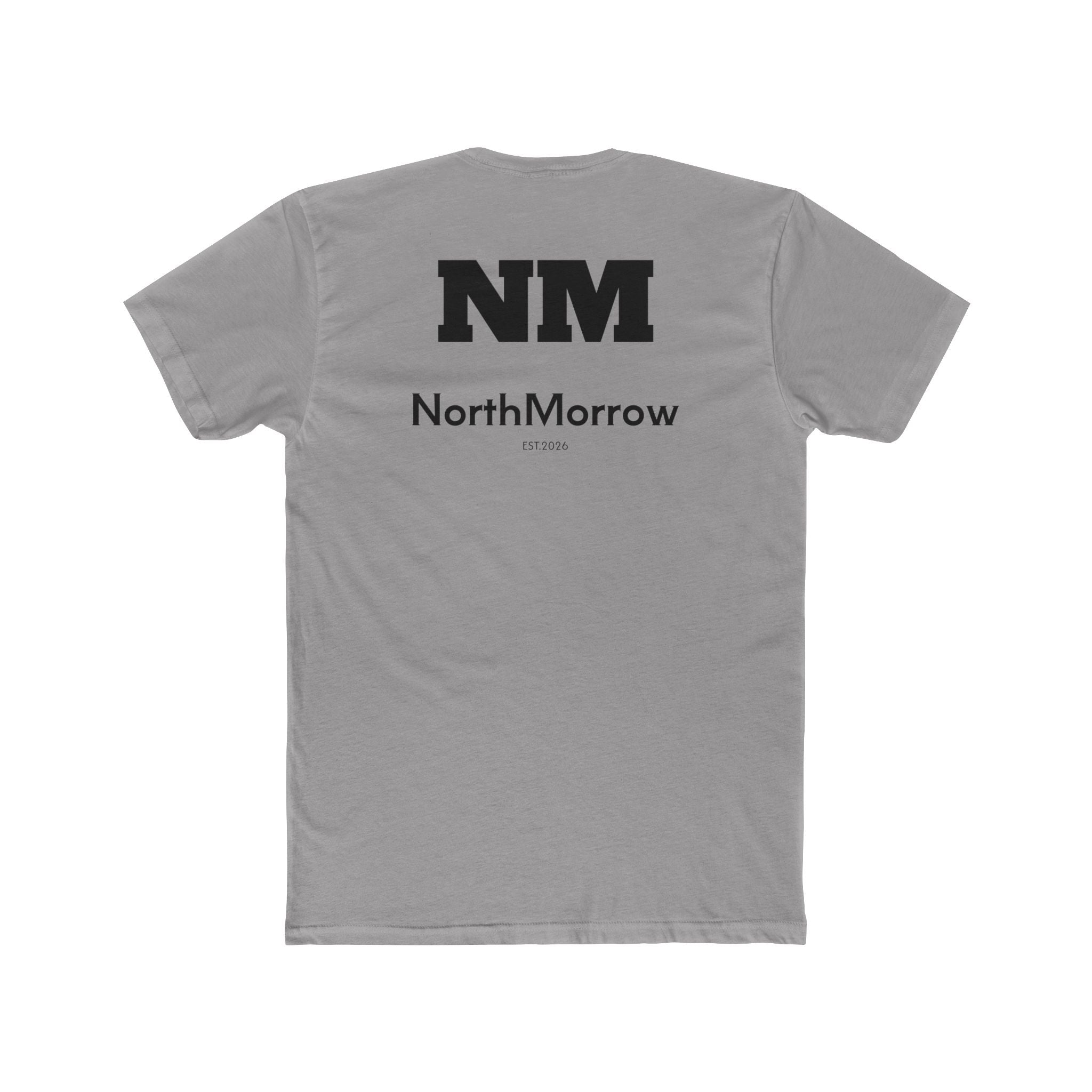 back view of  the Gray t-shirt with 'NM NorthMorrow  text