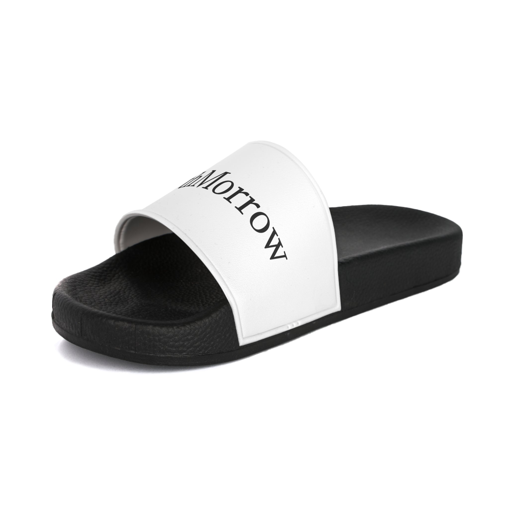 Black slide sandal with a white strap