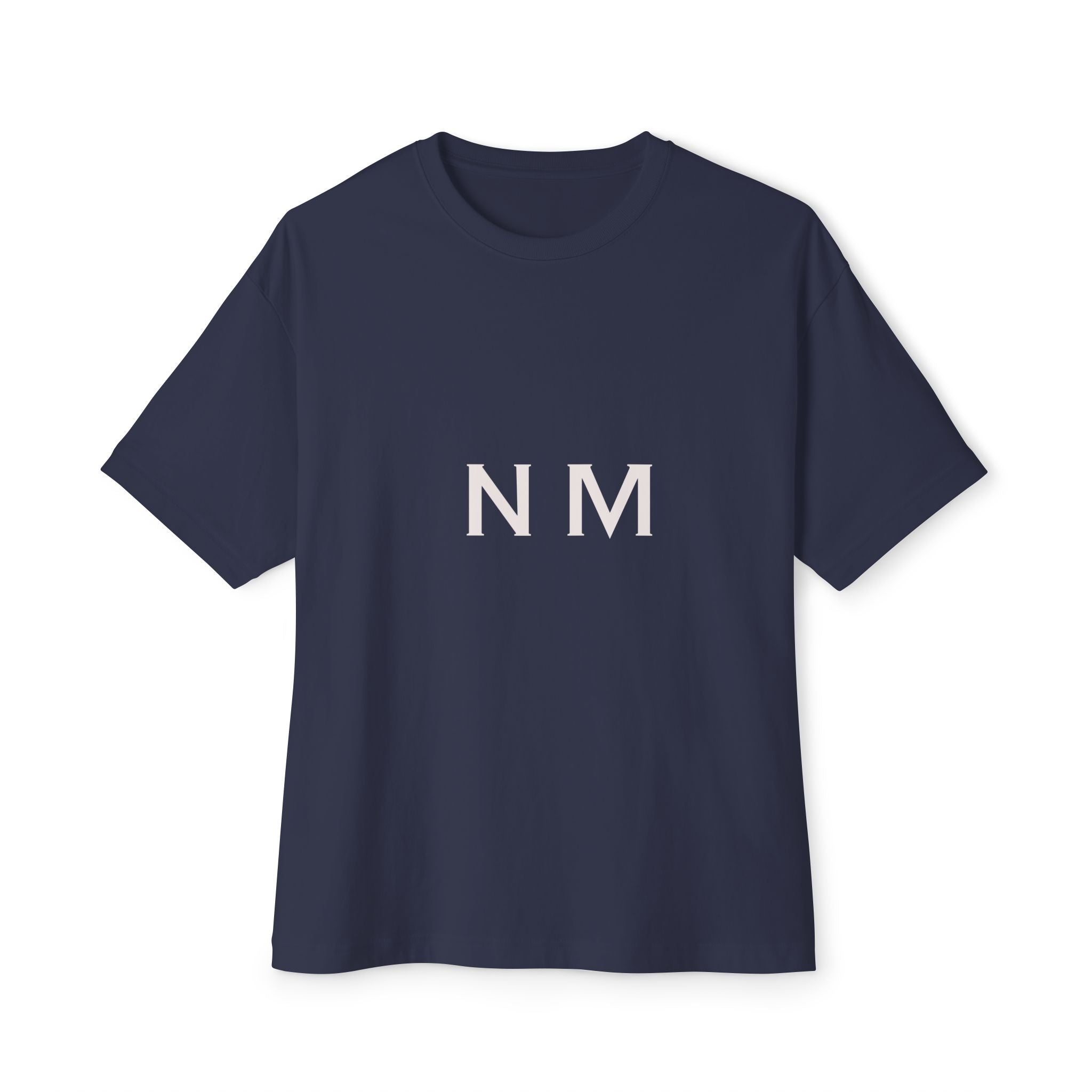 navy blue t-shirt with 'NM' logo