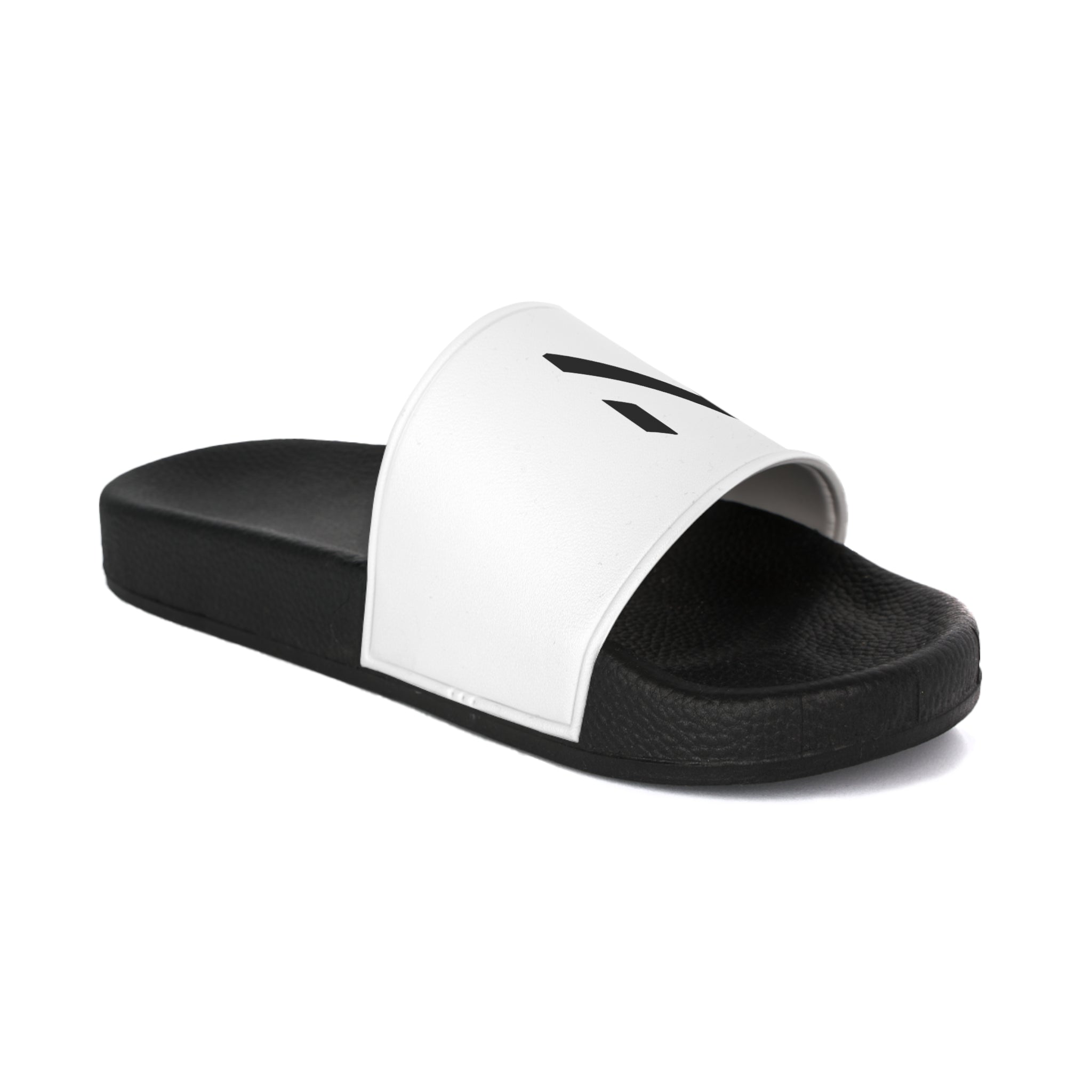 Black and white slide sandal with a logo