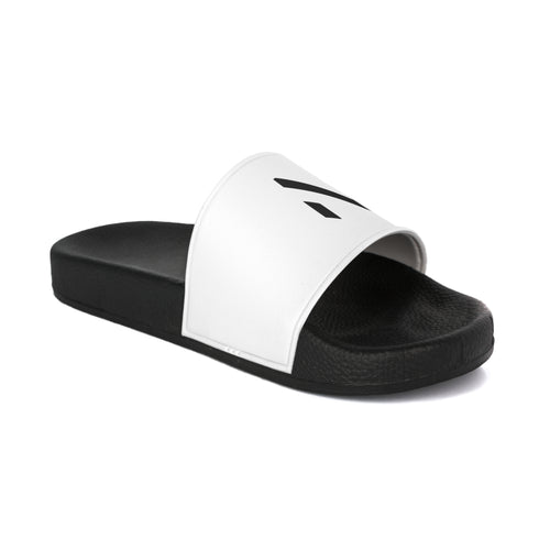 Black and white slide sandal with a logo
