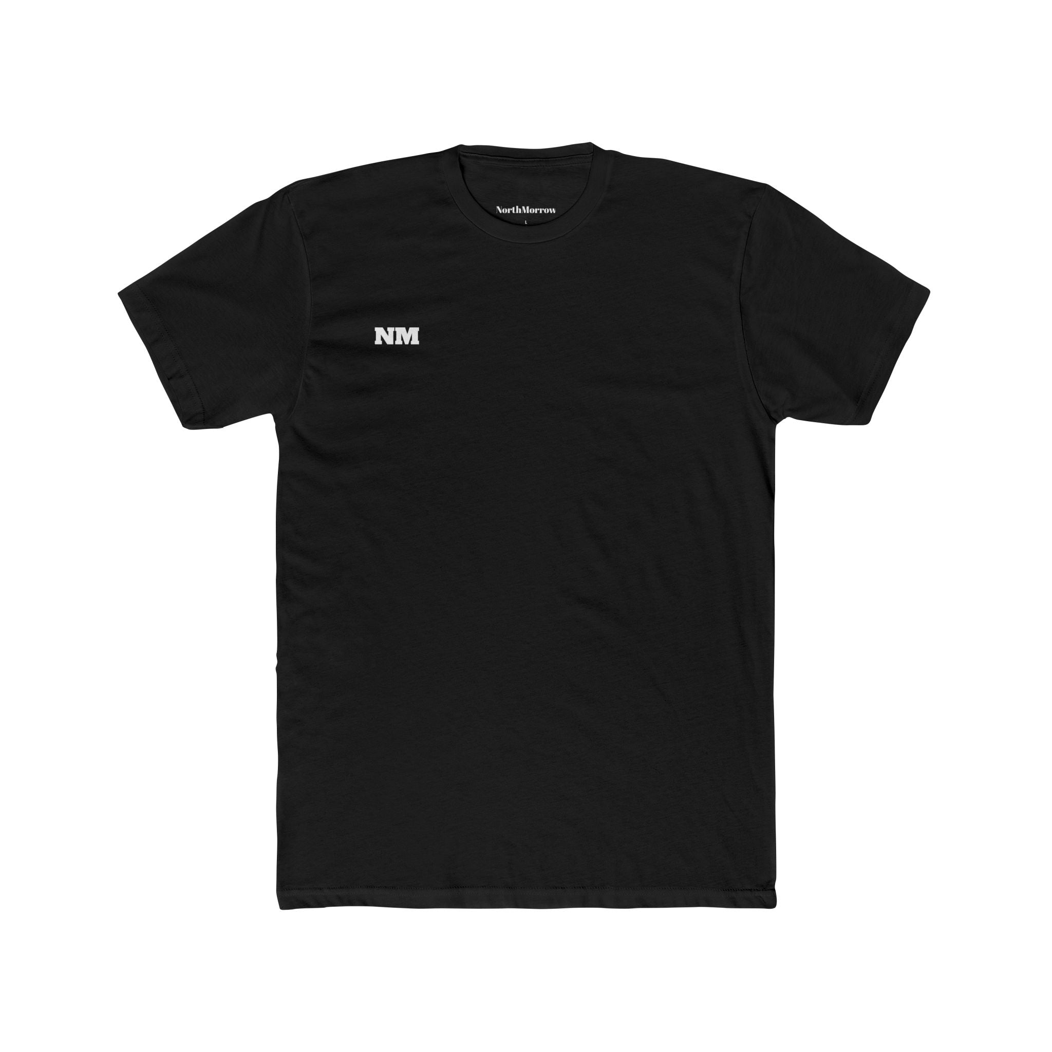 Black t-shirt with 'NM' logo on a white background