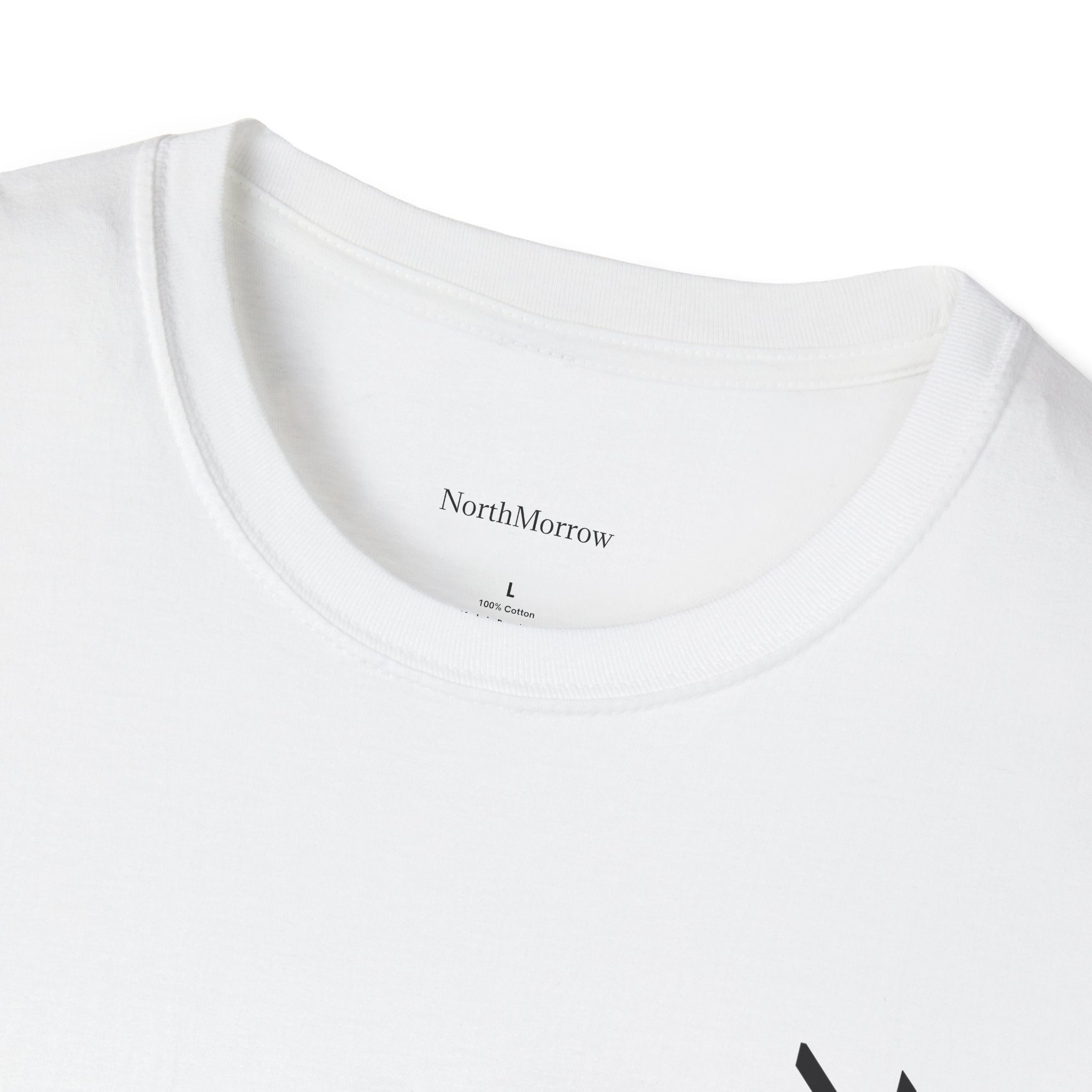  close up of the White t-shirt with a small black logo 