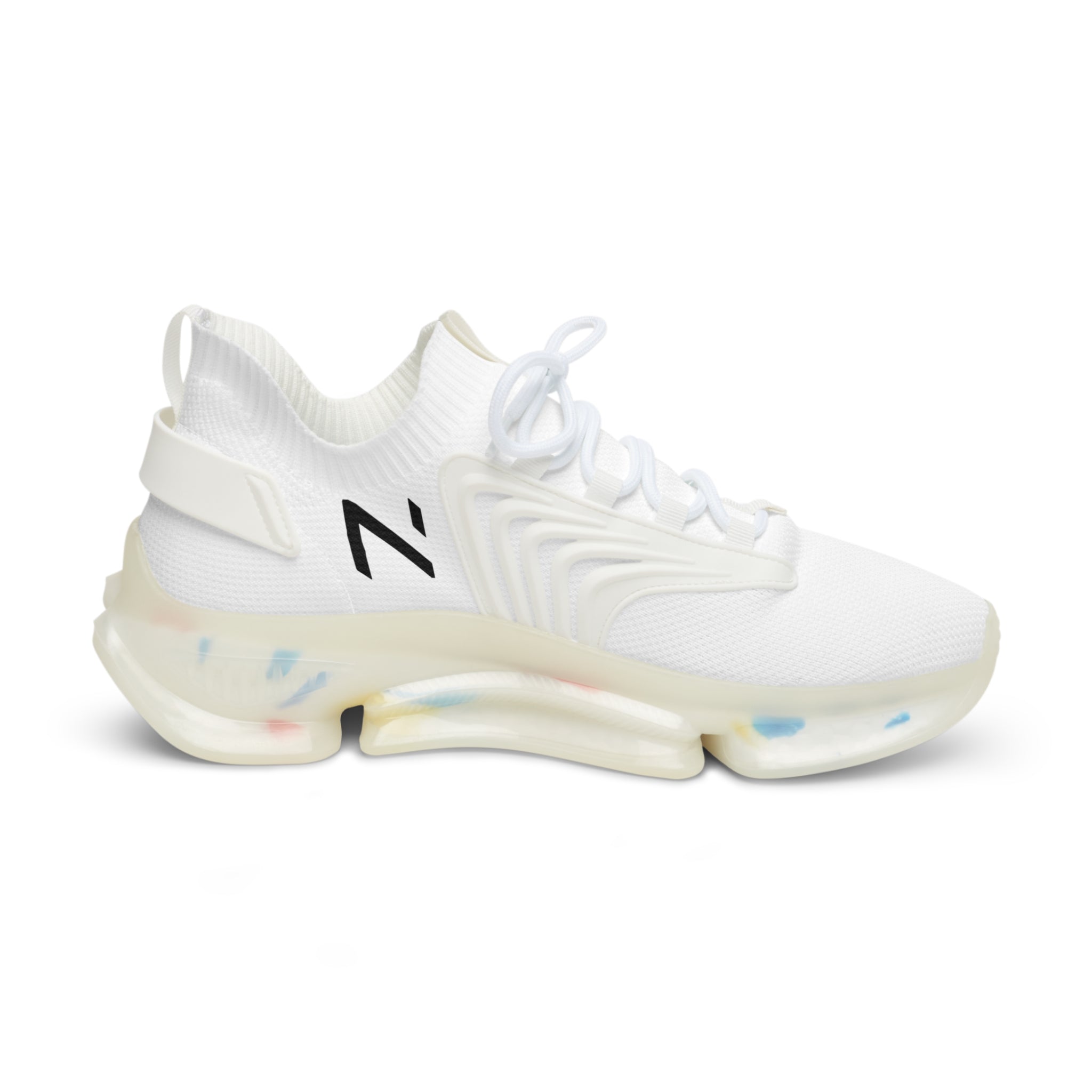 side view of the White sneakers with a brand logo