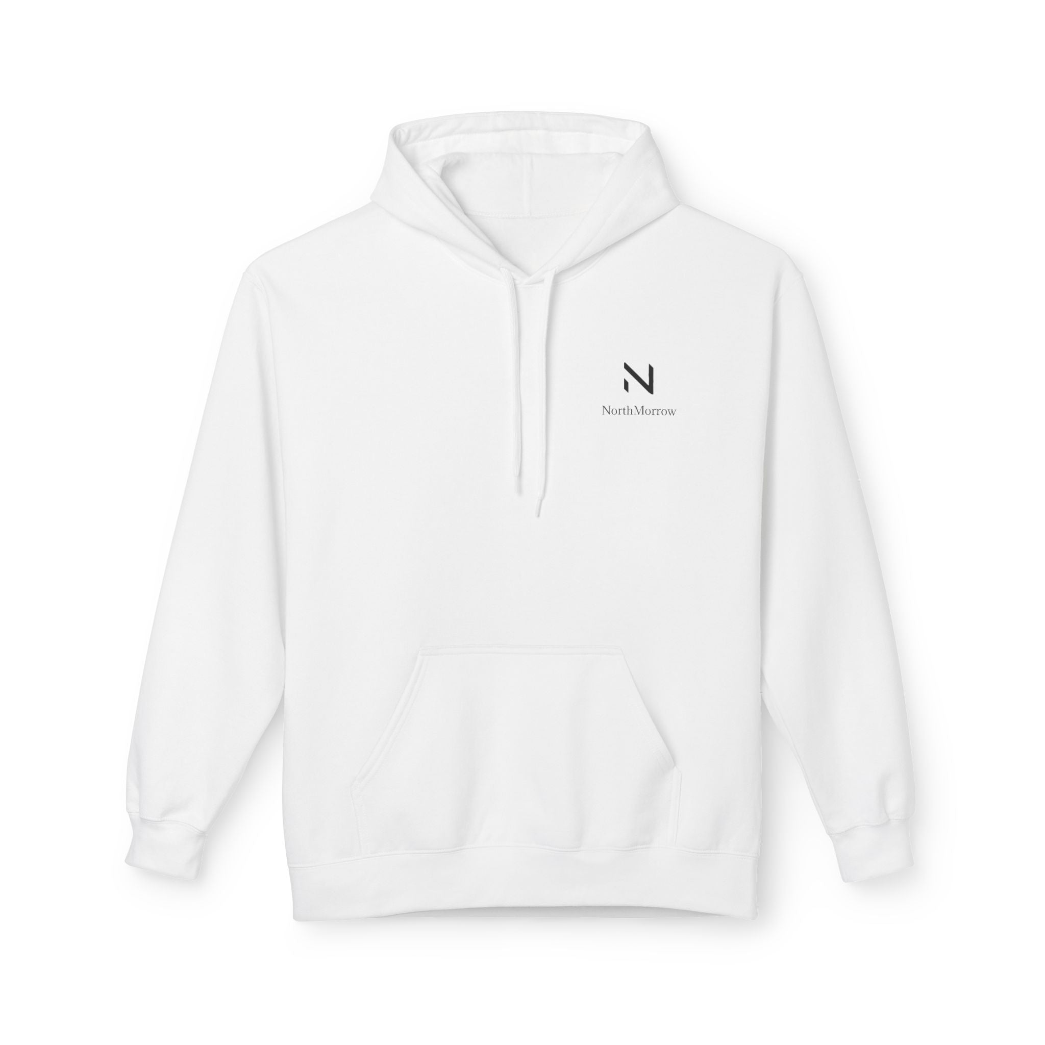 White hoodie with a white logo on the chest