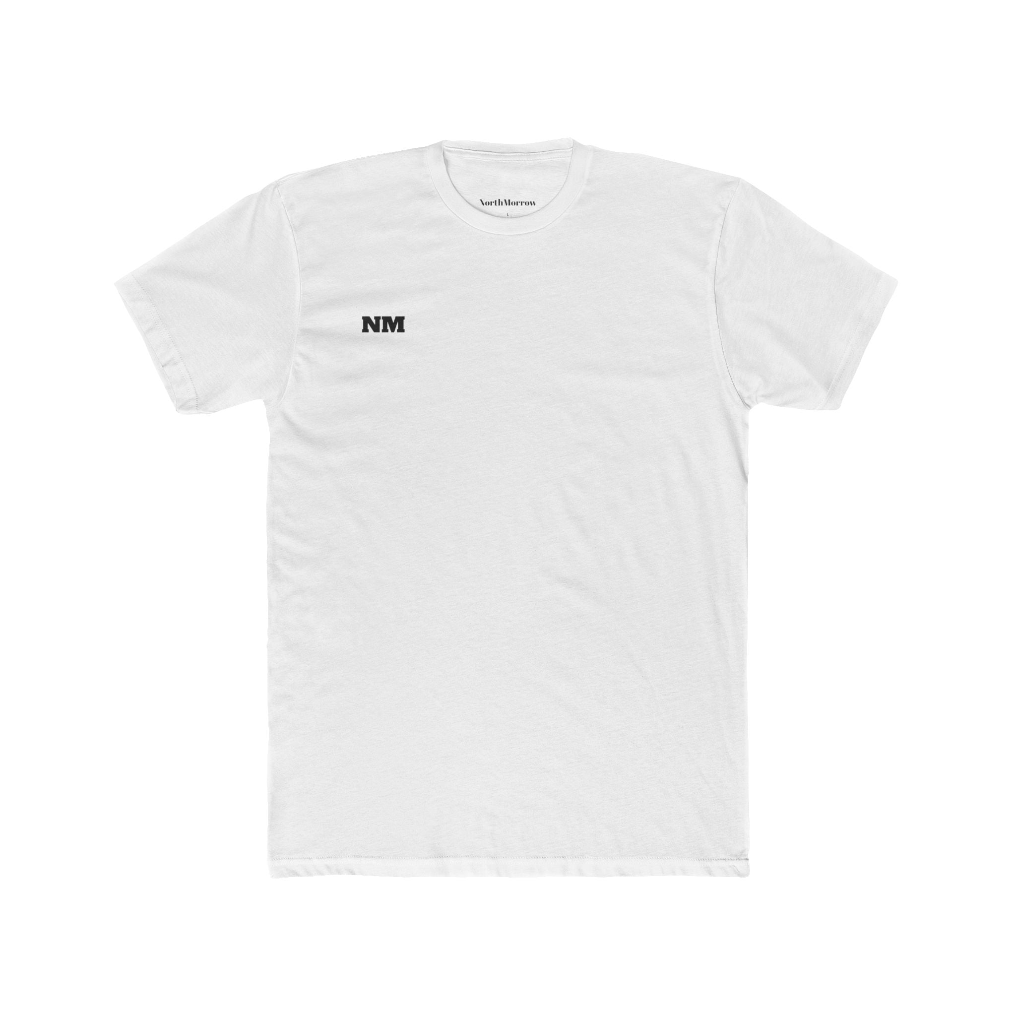 White t-shirt with a small black text NM on a white background