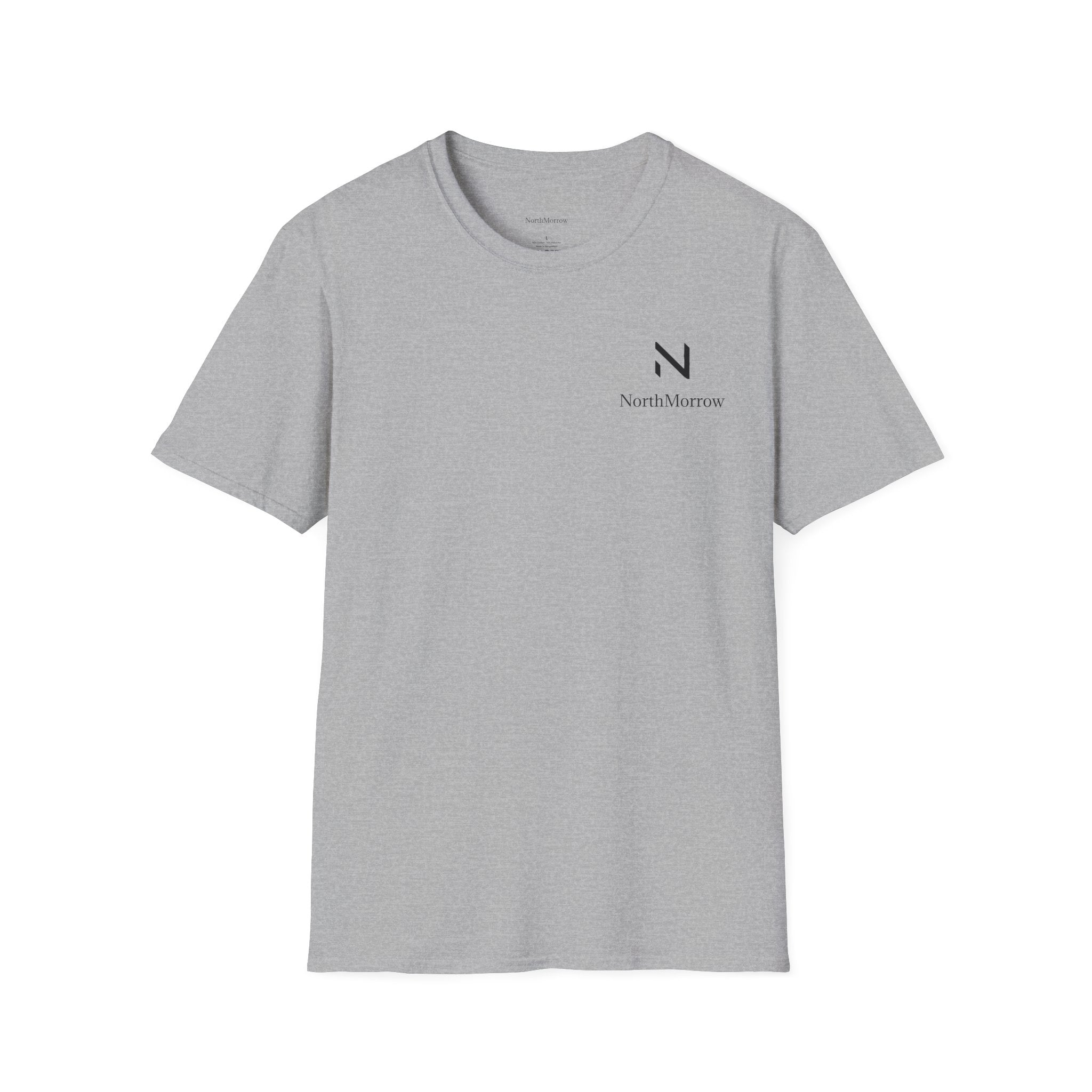 Gray t-shirt with a small black logo and a small text under it Northmorrow