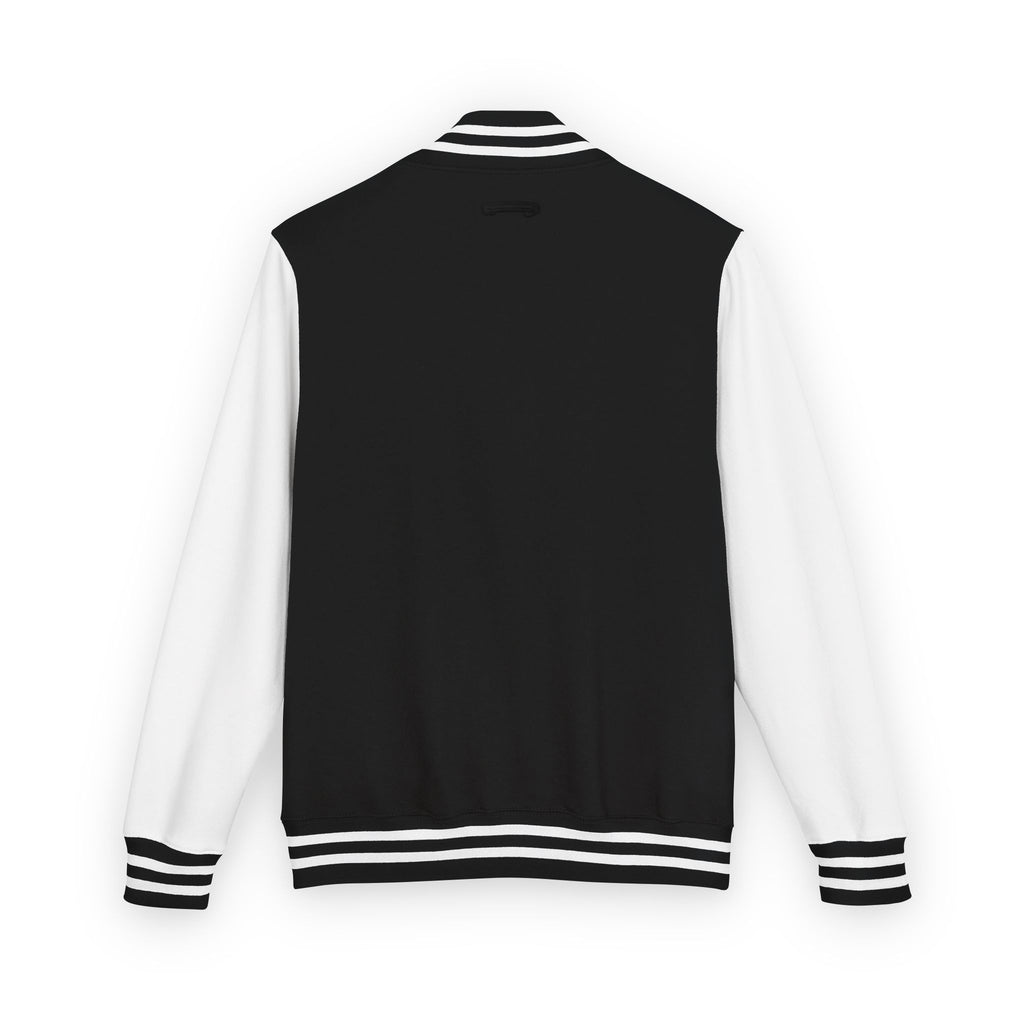 Back view of the Black and white varsity jacket 