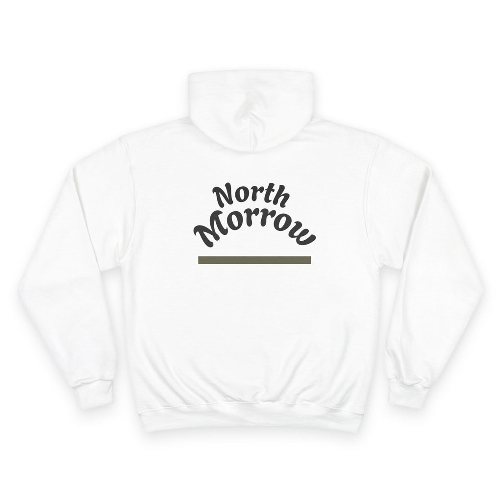 back view White hoodie with 'North Morrow'