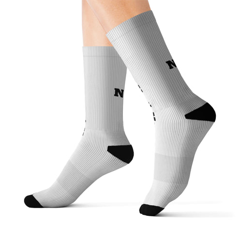 Gray socks with black accents  white nm and NorthMorrow text