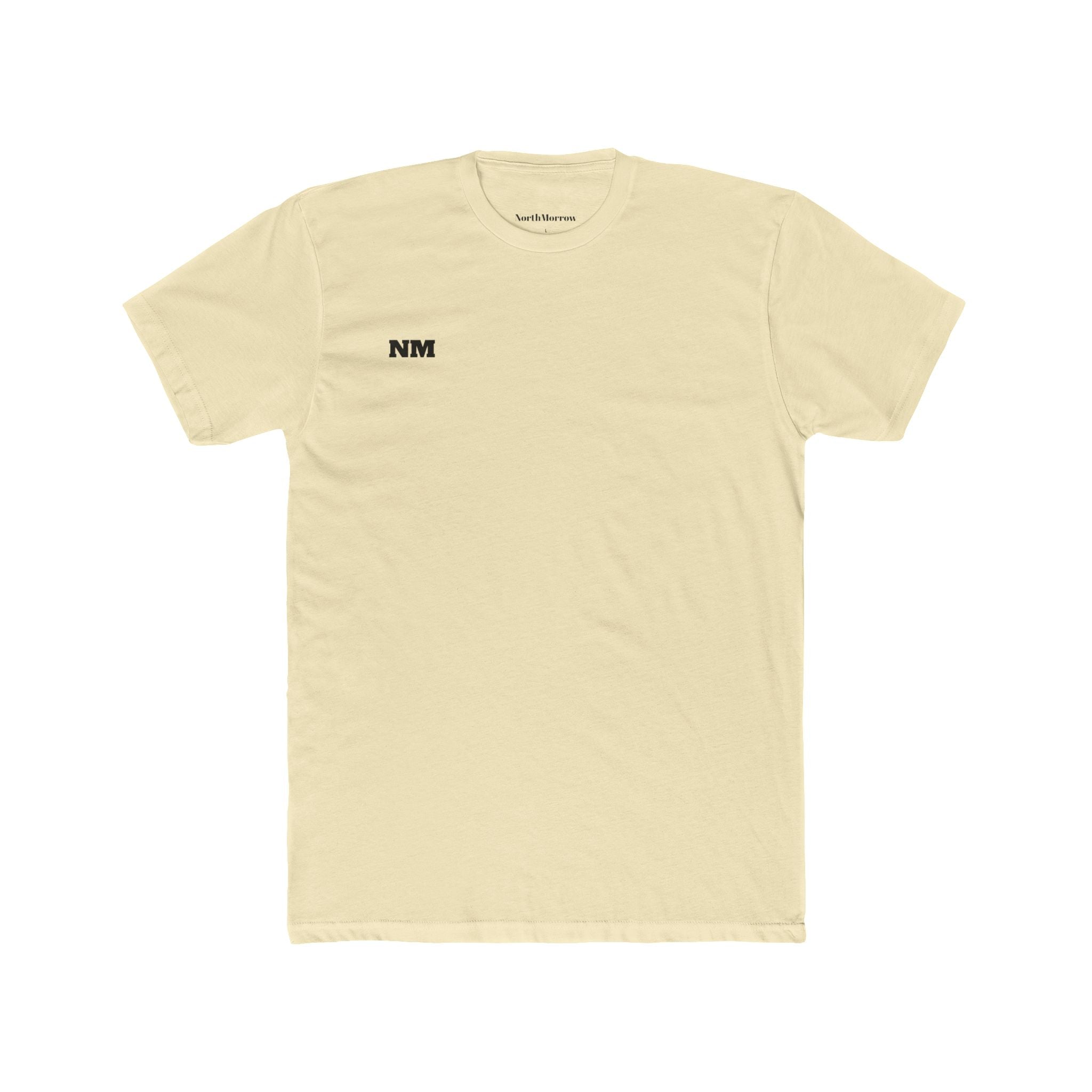 Beige t-shirt with 'NM' logo on a white background