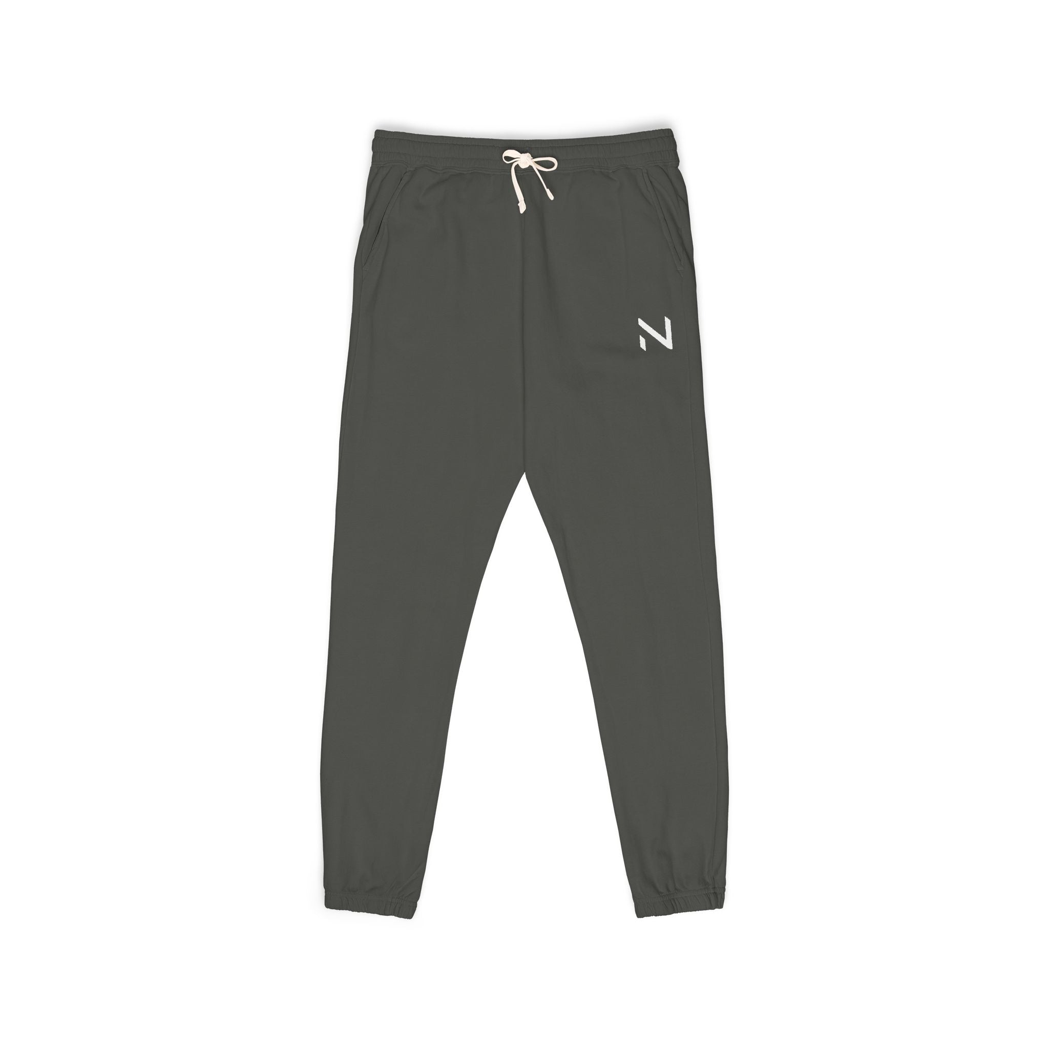 Dark gray sweatpants with a  N logo on a white background