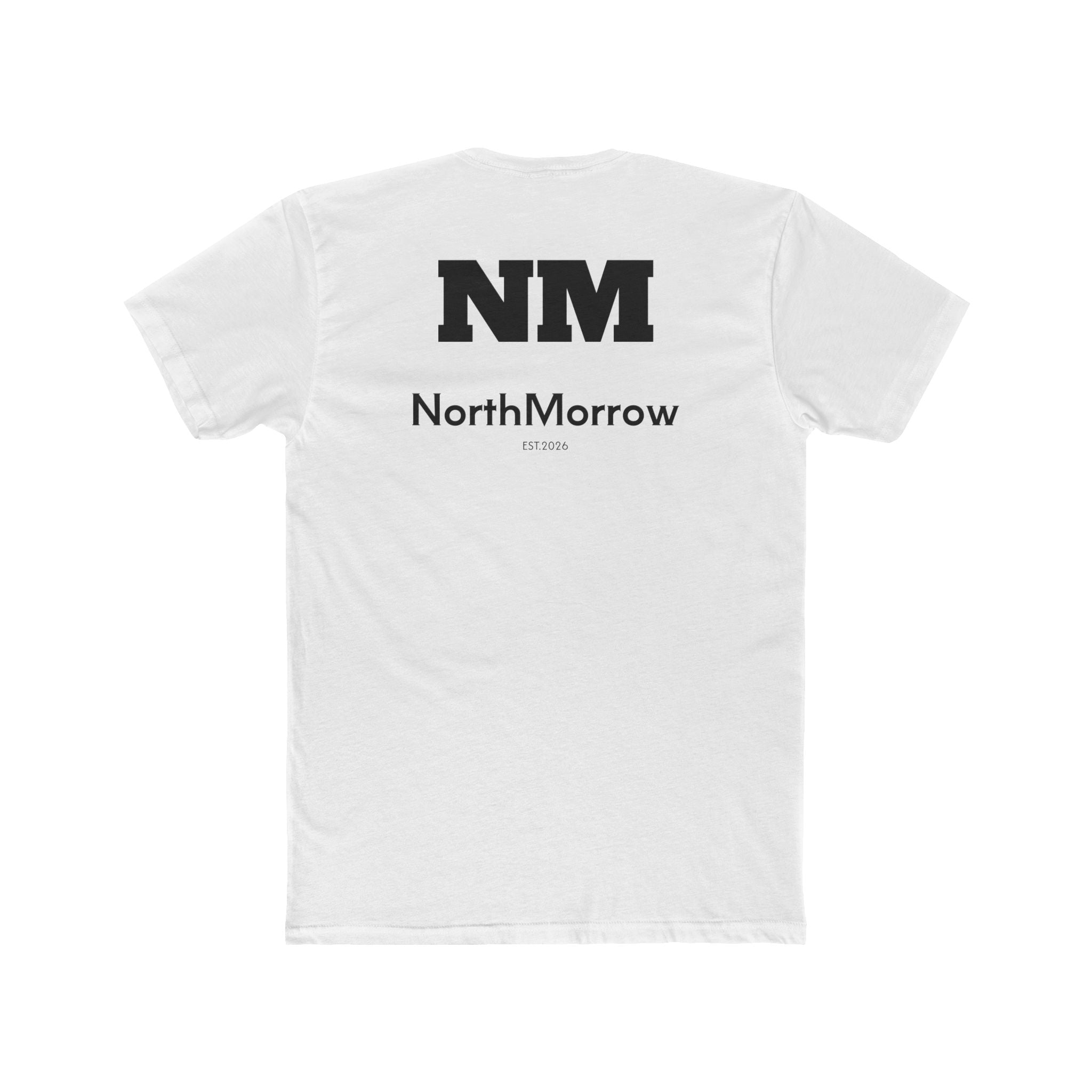 back biew of the White t-shirt with 'NM' 'NorthMorrow' and very small est 2026 text on a white background.