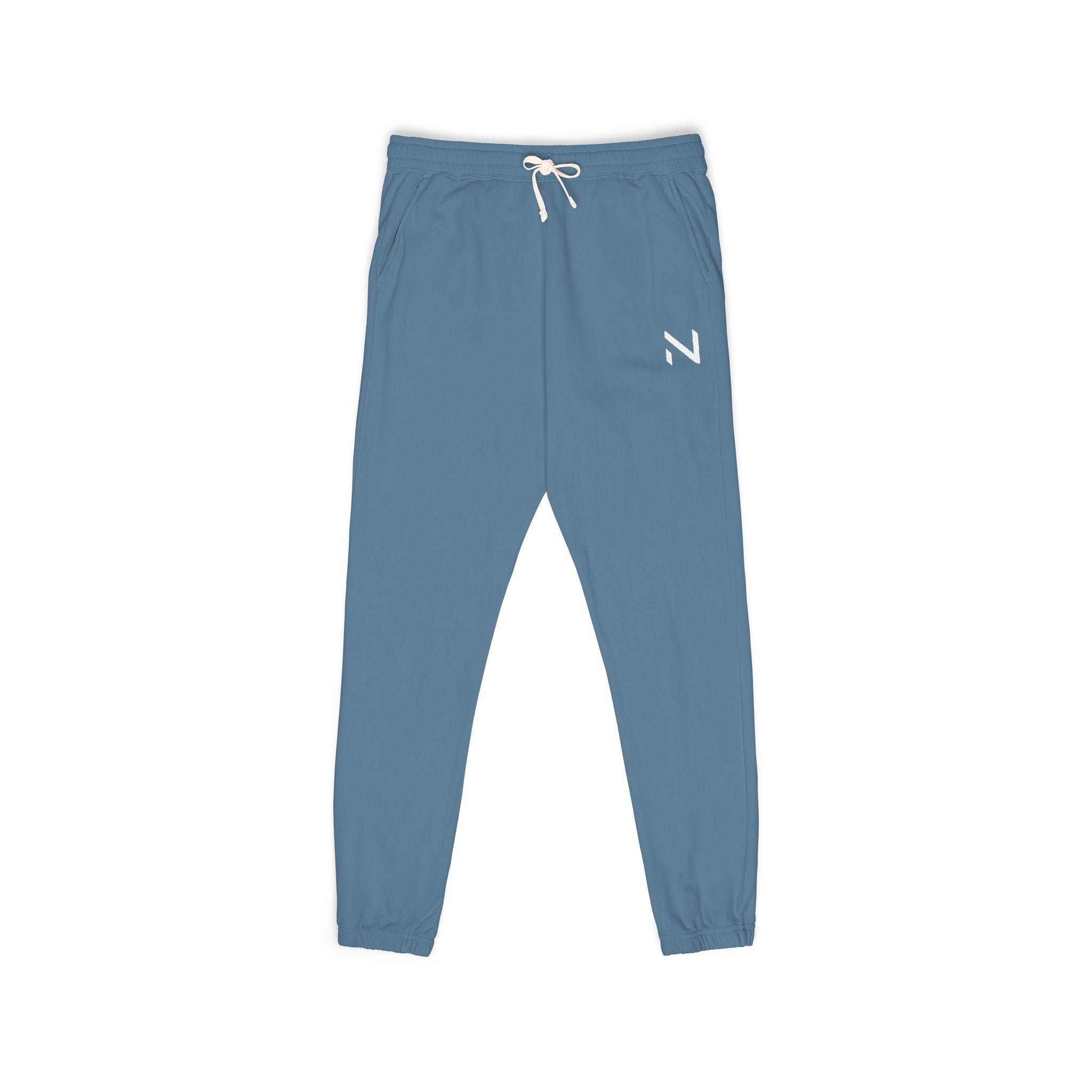 Blue sweatpants with a brand logo