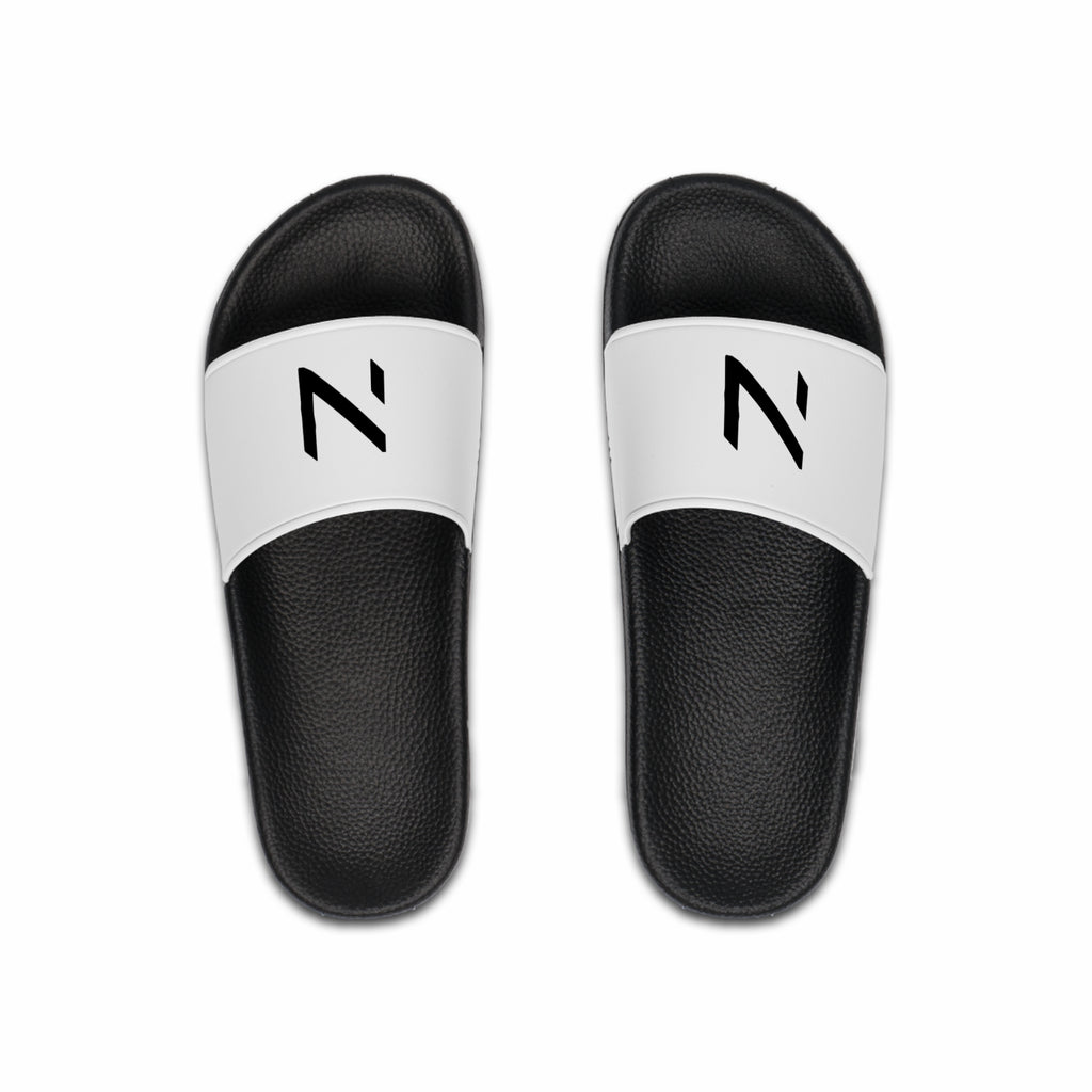 upper view of the black sandals with white stipe on hte stipe the brand logo N