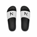 upper view of the black sandals with white stipe on hte stipe the brand logo N
