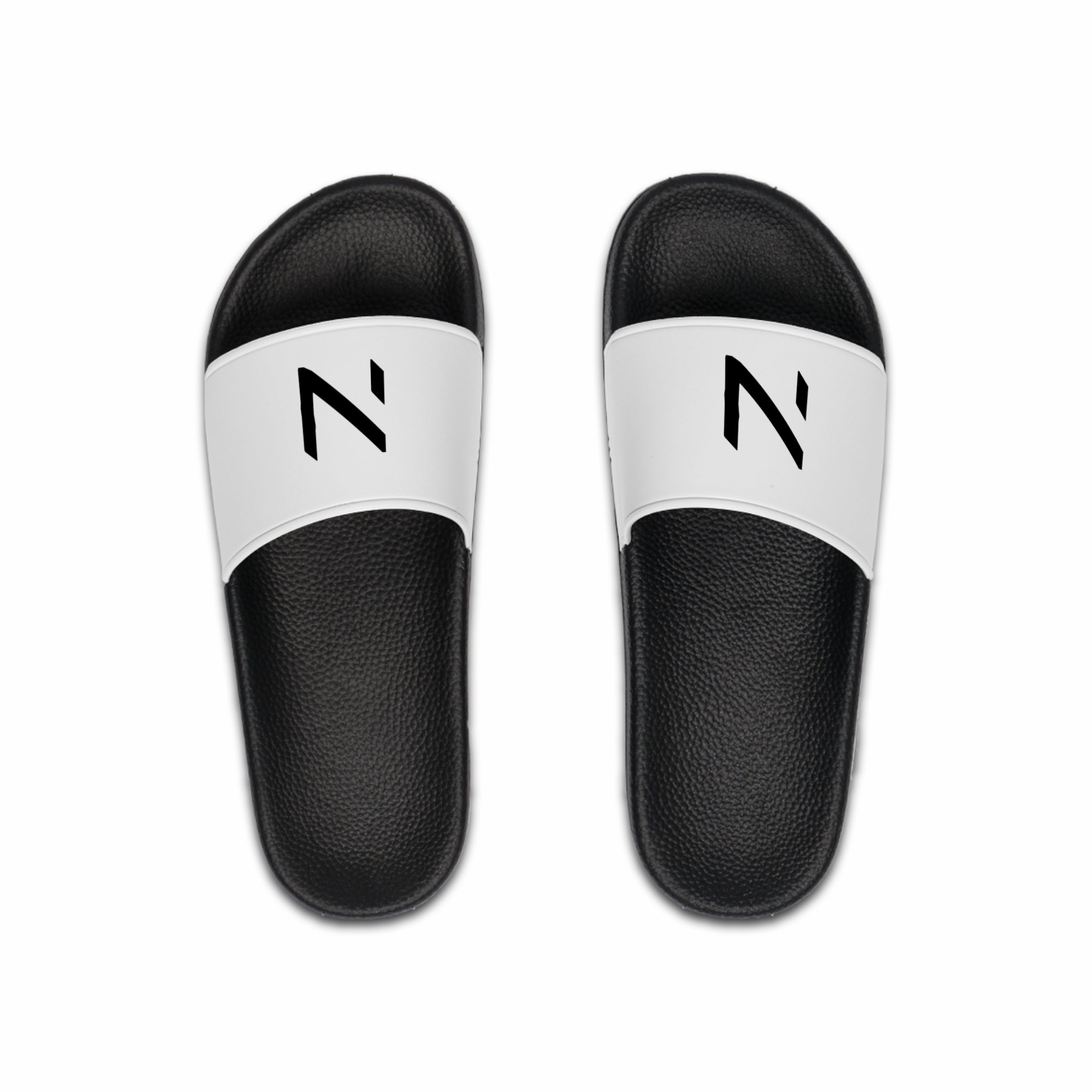 upper view of the black sandals with white stipe on hte stipe the brand logo N