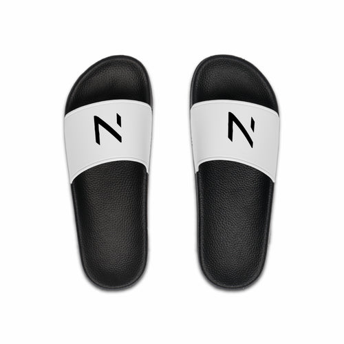upper view of the black sandals with white stipe on hte stipe the brand logo N