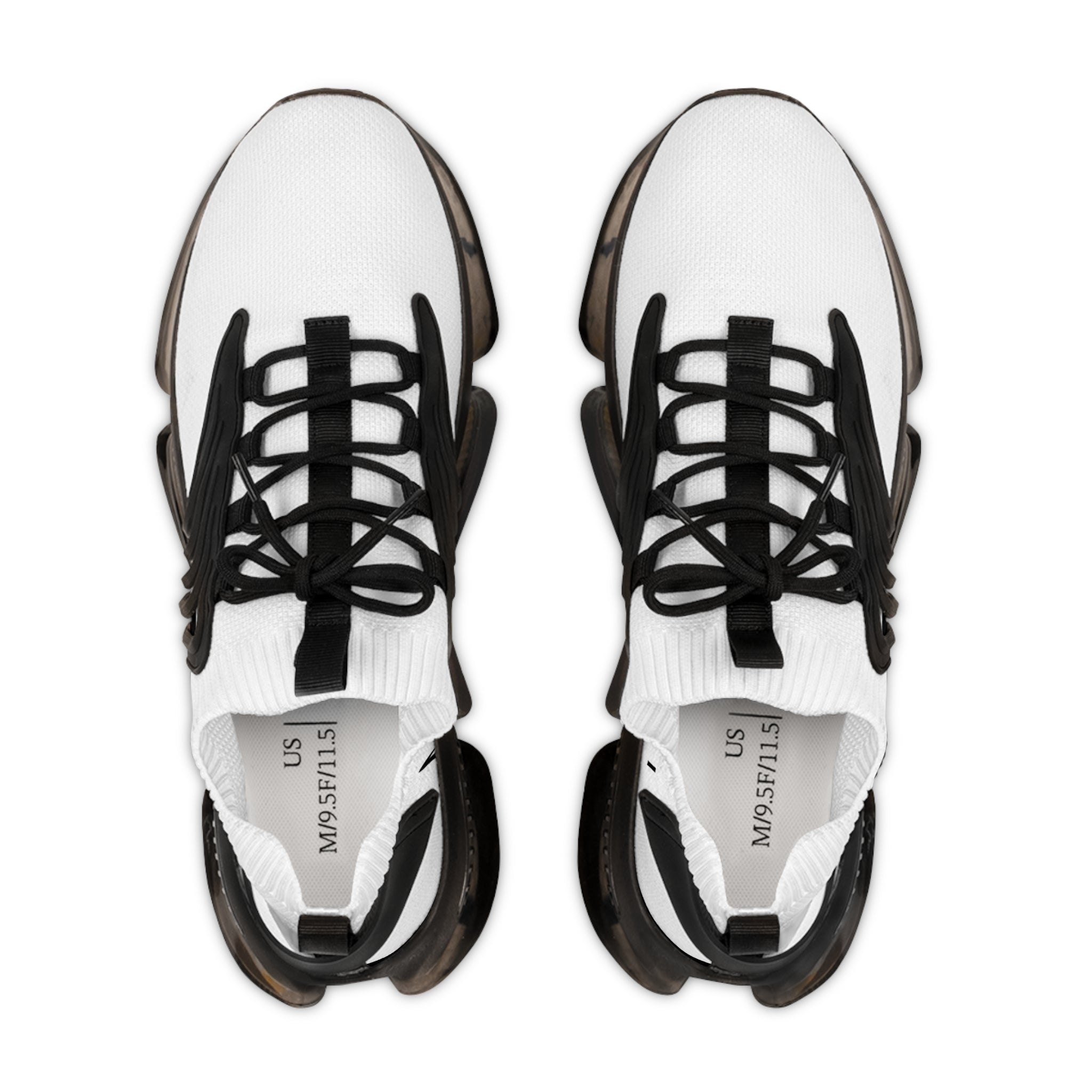upper view of White and black sneakers with unique sole design