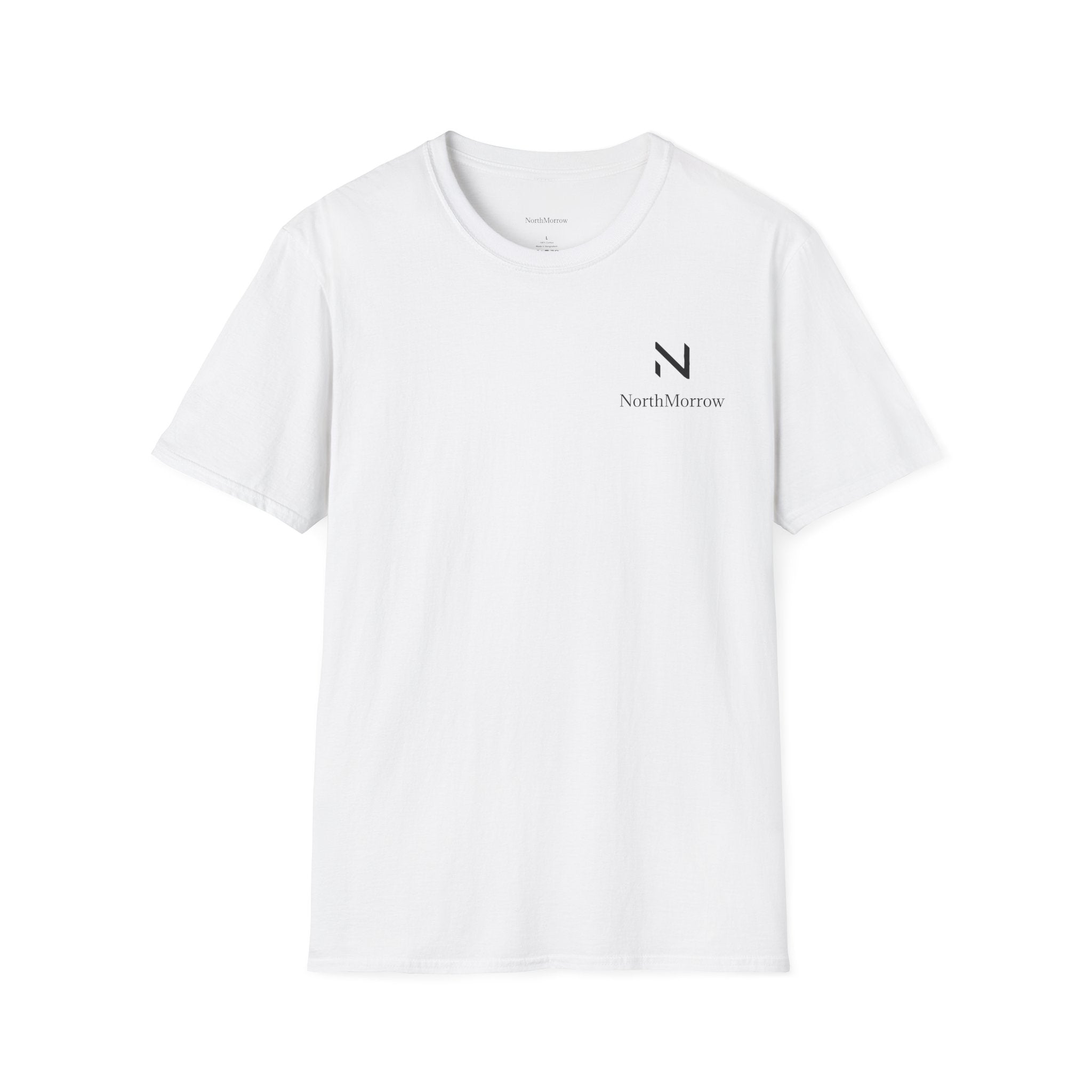White t-shirt with a small black logo and a small text under it Northmorrow