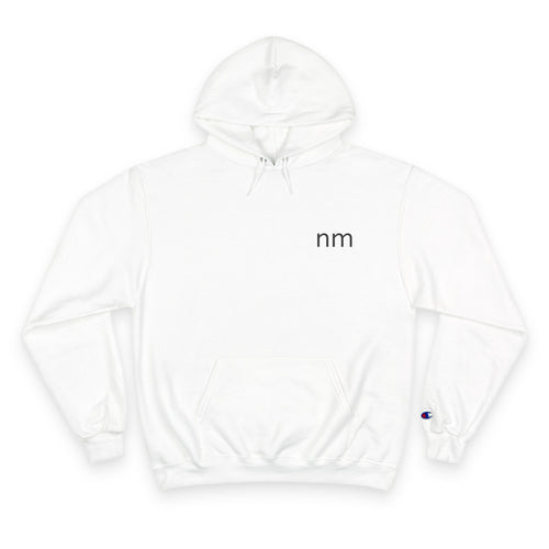White hoodie with 'nm' logo on a white background