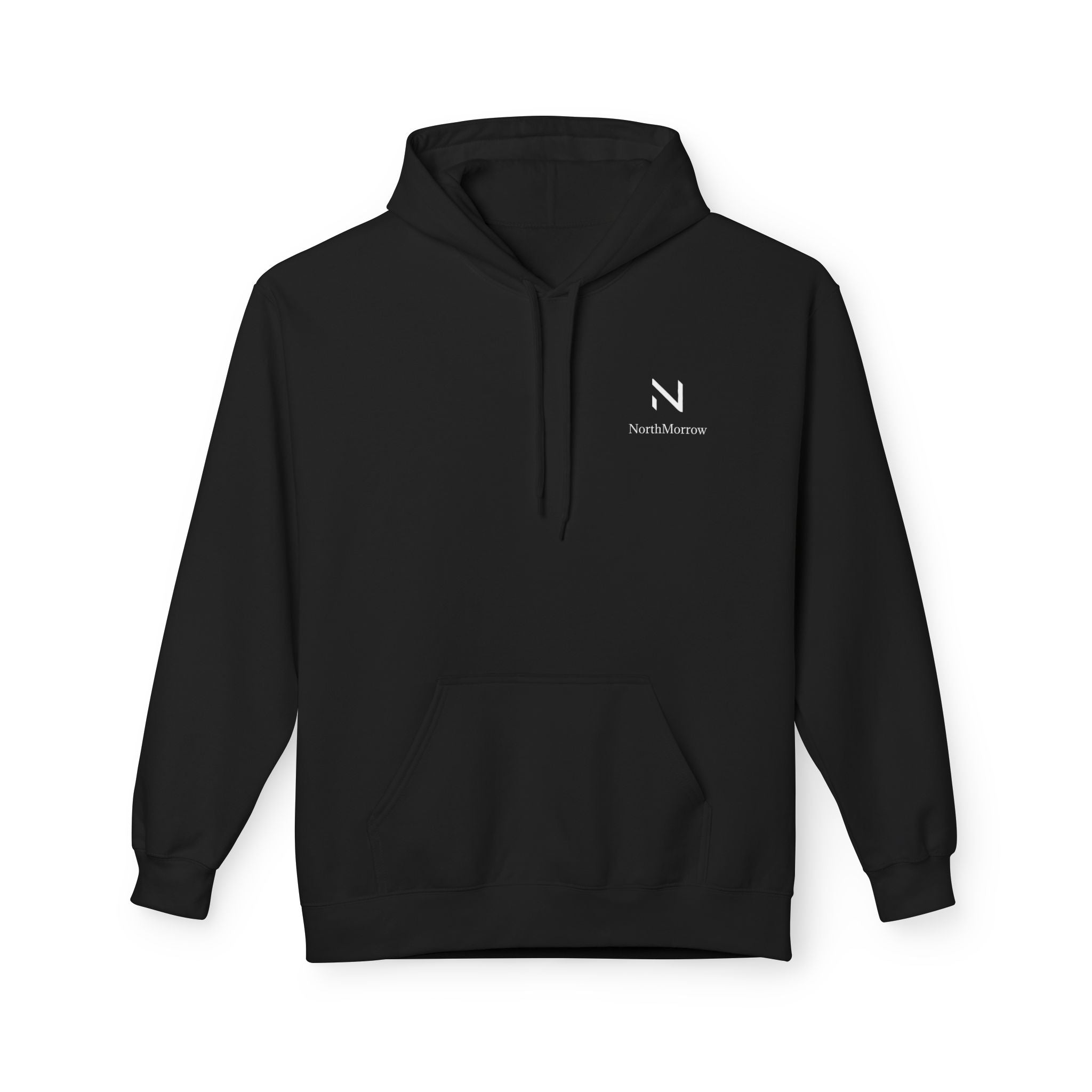Black hoodie with a white logo on the chest against a white background 