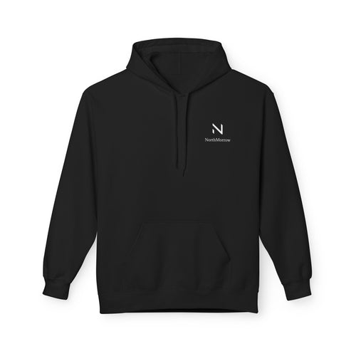Black hoodie with a white logo on the chest against a white background 