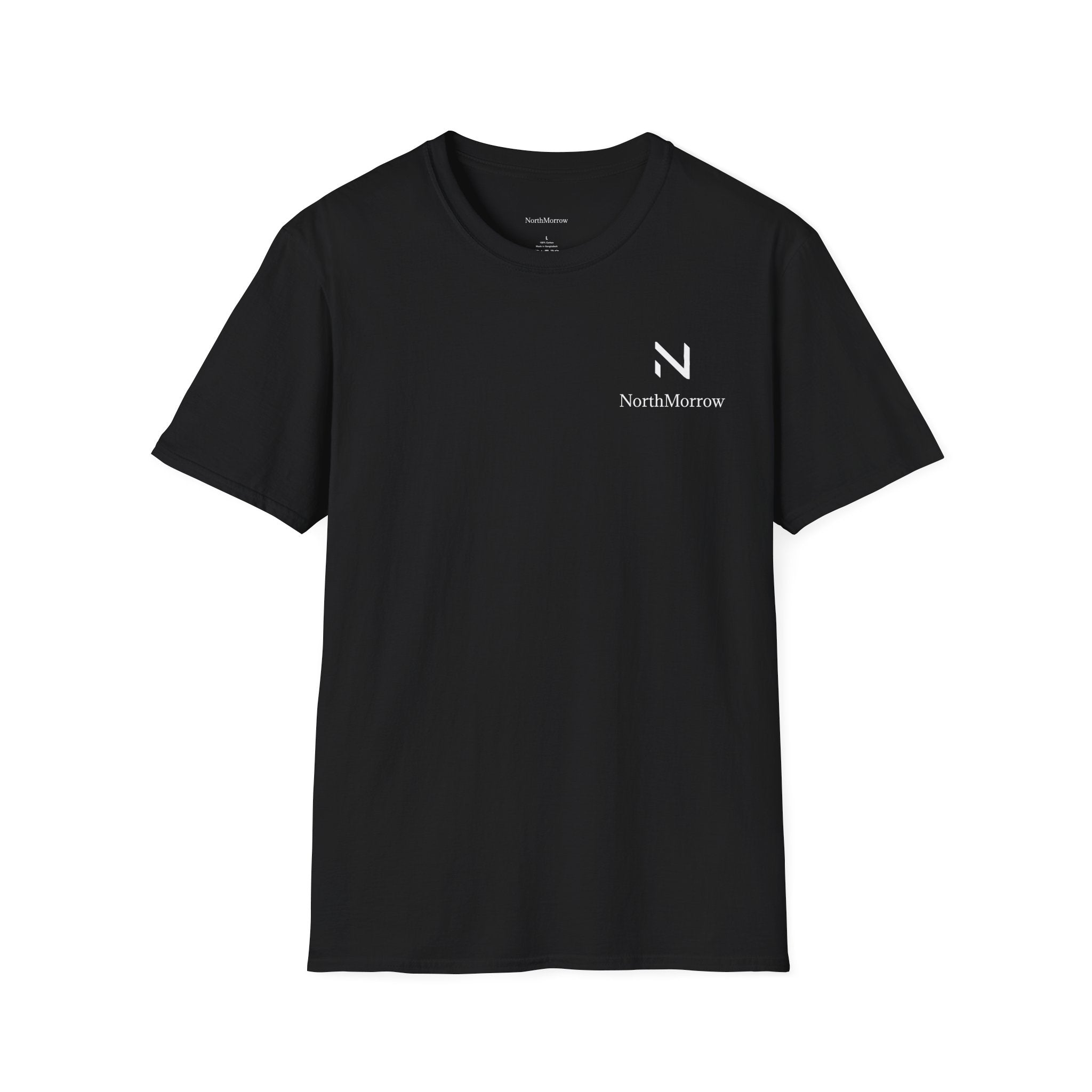 Black t-shirt with a small black logo and a small text under it Northmorrow