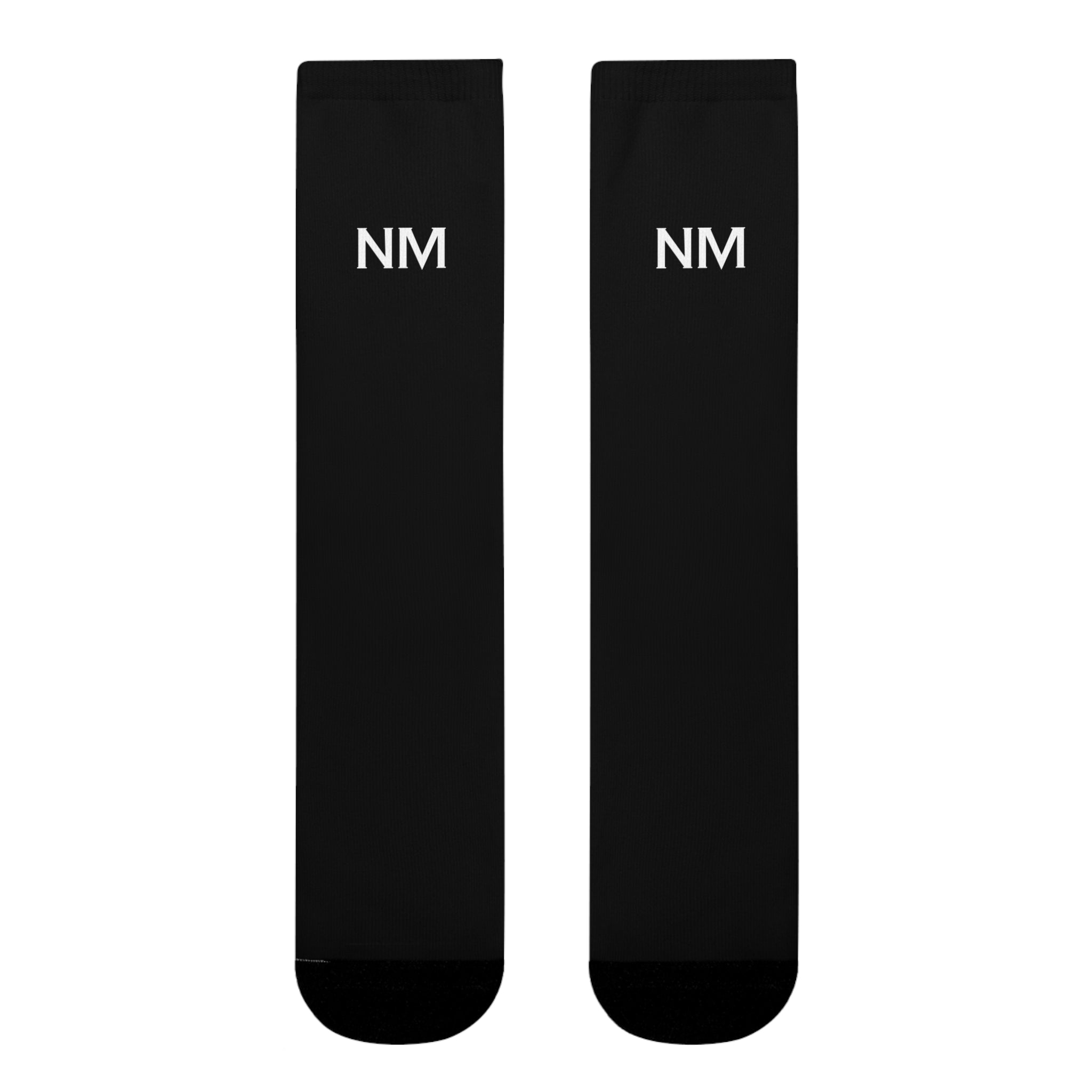 Two black socks with 'NM' logo on a white background